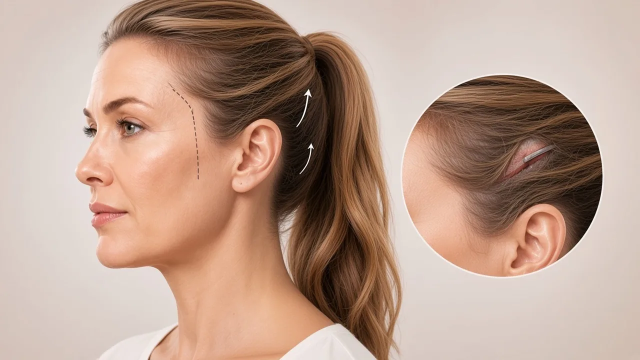 Ponytail facelift — medical illustration of a hidden hairline incision and vertical lift vector